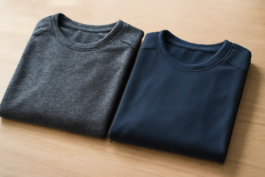 Two folded athletic jerseys of different fabric weight and stitching placed side by side for comparison