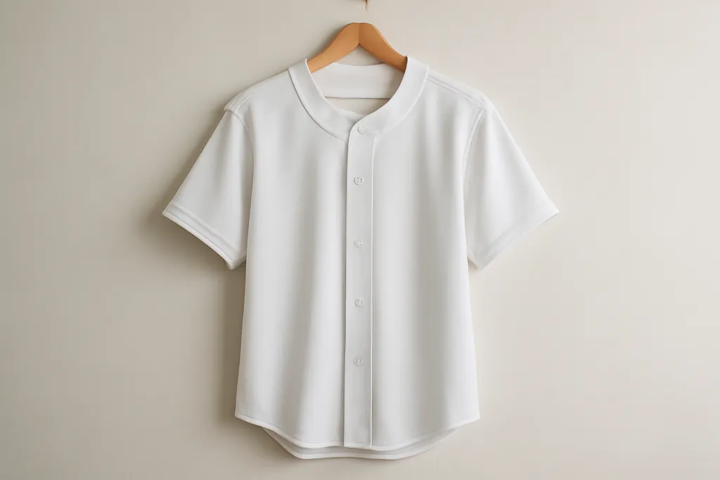 A plain baseball-style button-front jersey on a hanger against a neutral background