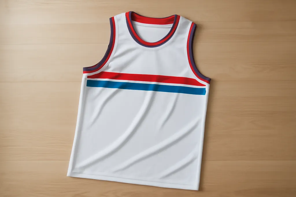 A plain sleeveless basketball jersey laid flat on a light wood surface