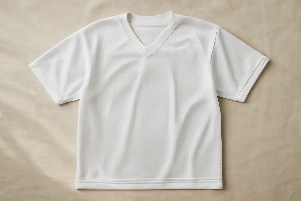 A plain football-style jersey laid flat showing mesh fabric texture and collar detail