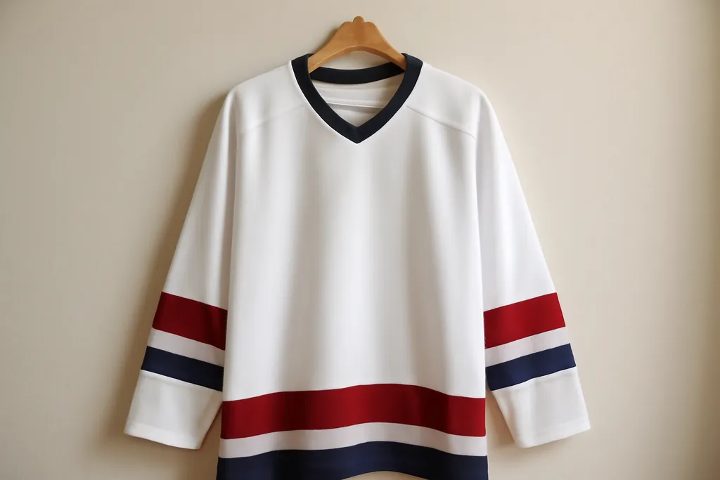 A plain hockey jersey with a ribbed collar hanging on a wooden hanger