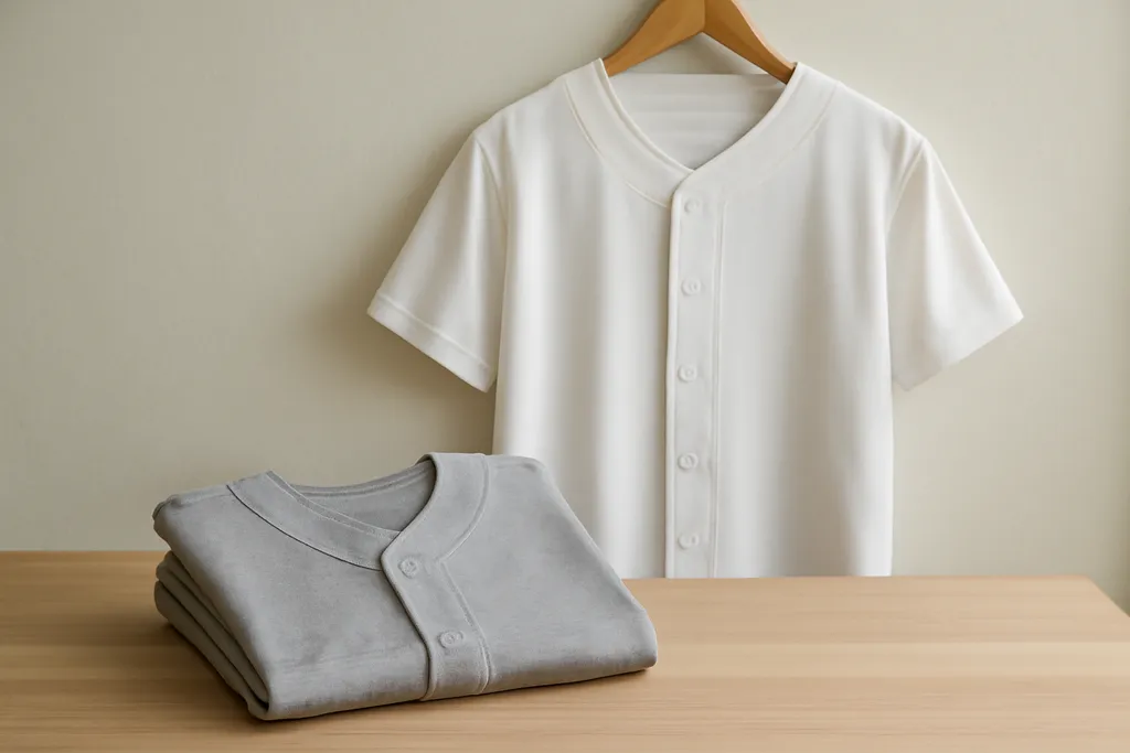 A folded baseball jersey on a table next to a second jersey hanging behind it, comparing two fabric finishes
