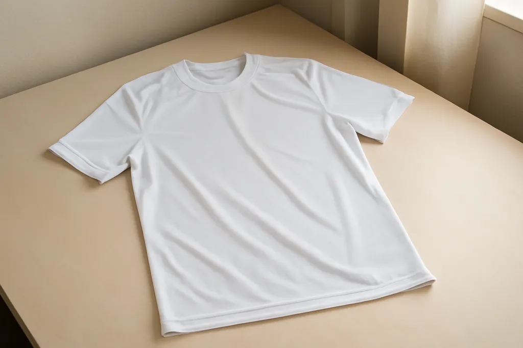 A plain soccer jersey laid flat on a table showing lightweight breathable fabric texture