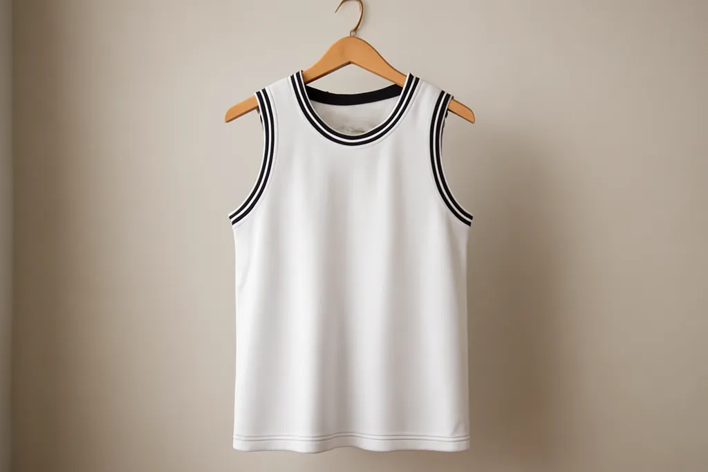 A plain sleeveless basketball jersey hanging on a wooden hanger against a neutral background