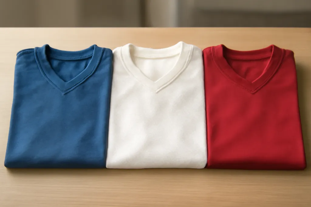 Three football-style jerseys of different fabric weights folded in a row on a table