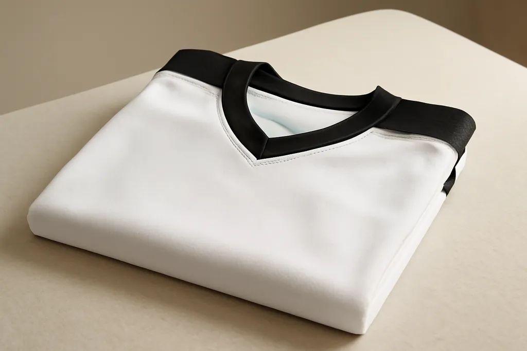 A folded hockey jersey showing a ribbed collar and heavier knit fabric