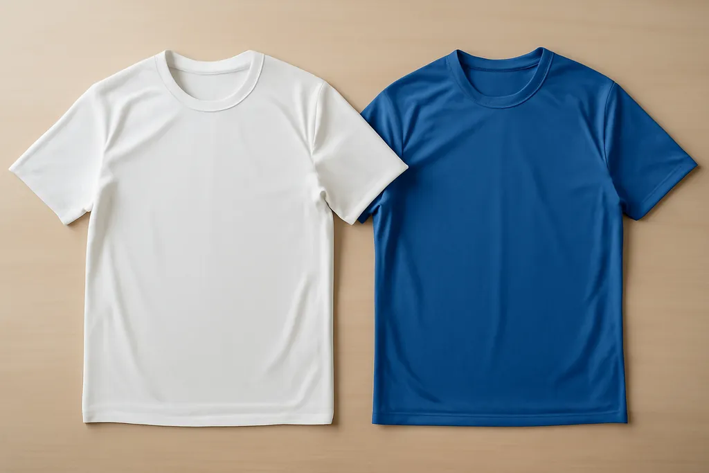 Two soccer jerseys of different fabric weights laid flat side by side for comparison