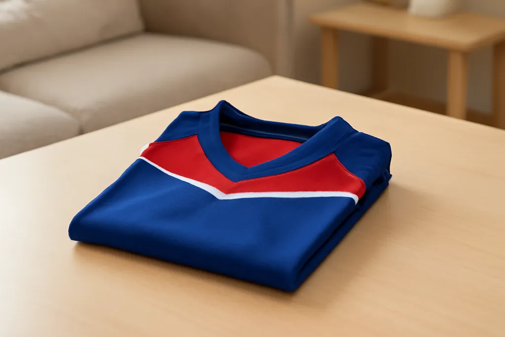 A small youth-sized athletic jersey folded neatly on a bright table