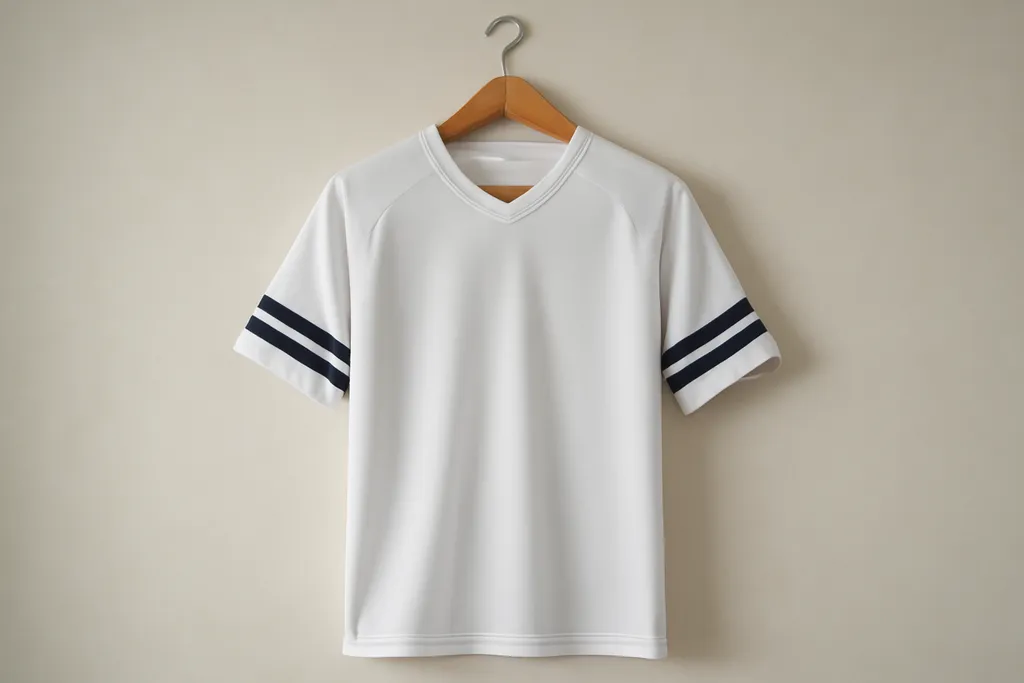 A plain athletic jersey on a wooden hanger against a neutral background