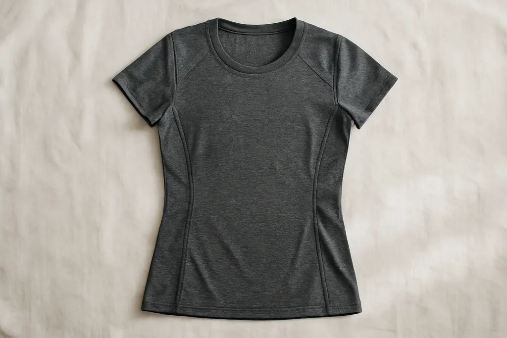 A women's-cut athletic jersey laid flat on a light surface showing a tailored silhouette