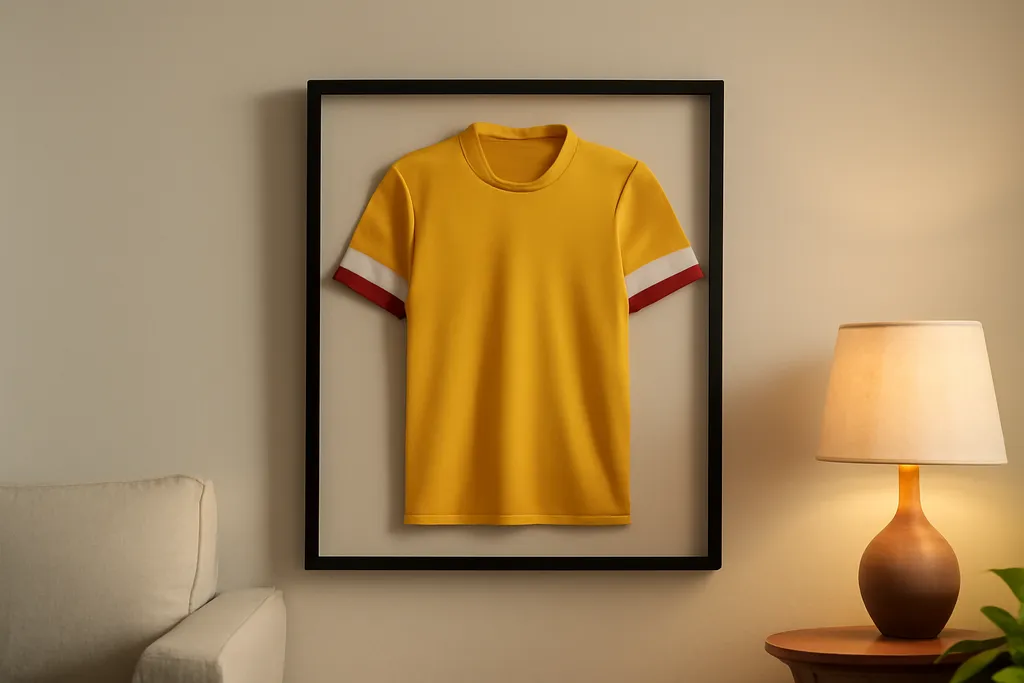 A plain athletic jersey mounted in a shadow-box display frame on a living room wall