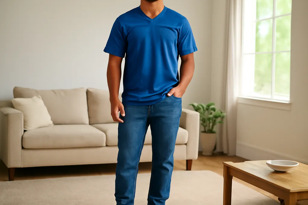 A person wearing a plain athletic jersey with casual jeans and sneakers in a bright living room