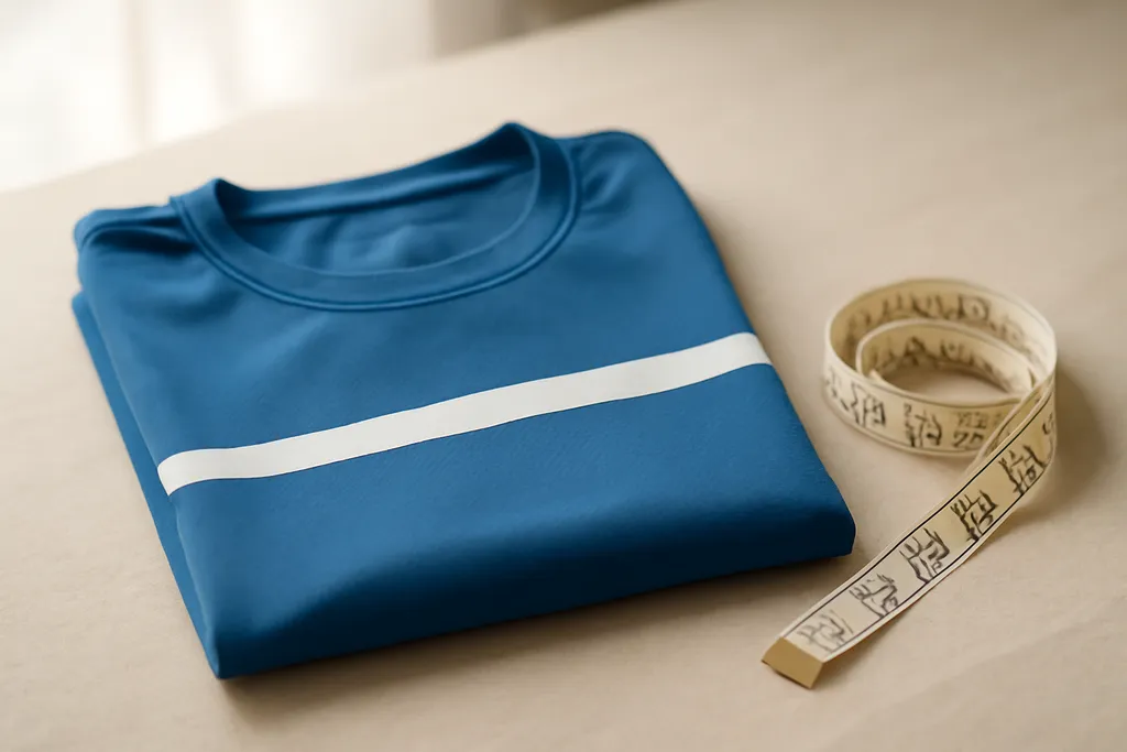 A folded athletic jersey next to a tape measure on a table