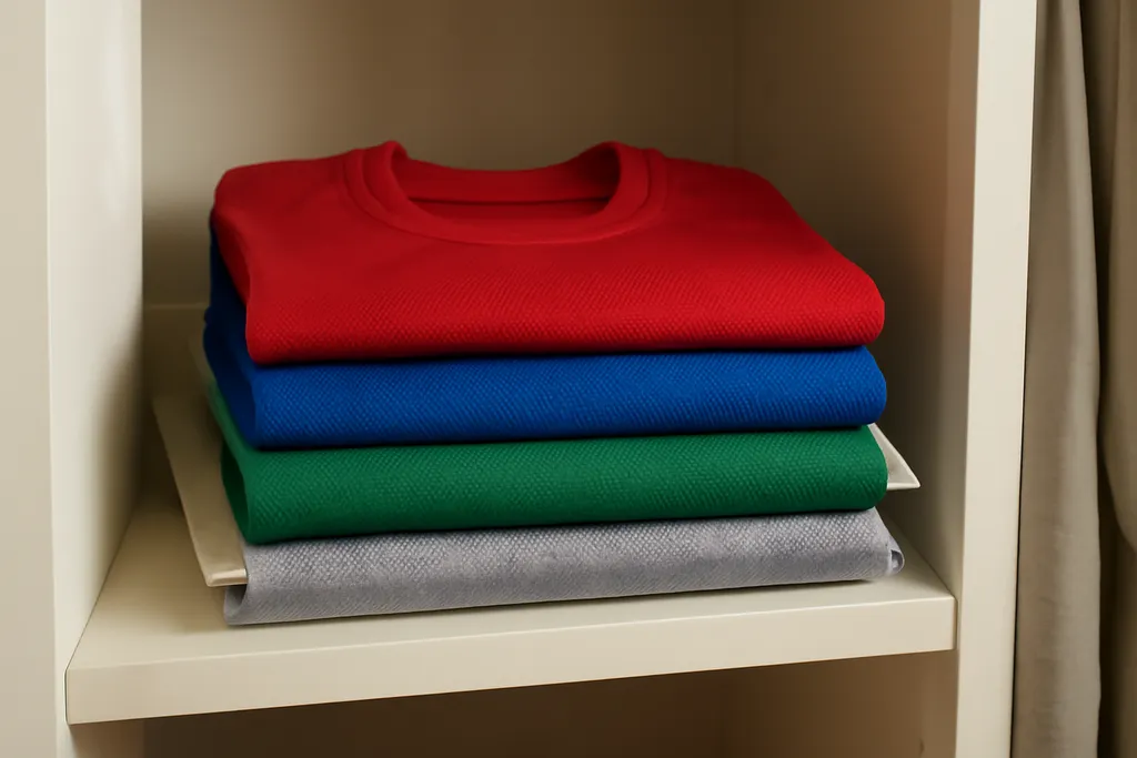 Folded plain athletic jerseys stacked neatly on a closet shelf with tissue paper between them