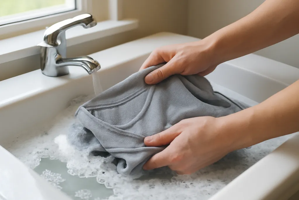 Hands gently hand-washing a folded plain athletic jersey in a sink with mild soap suds