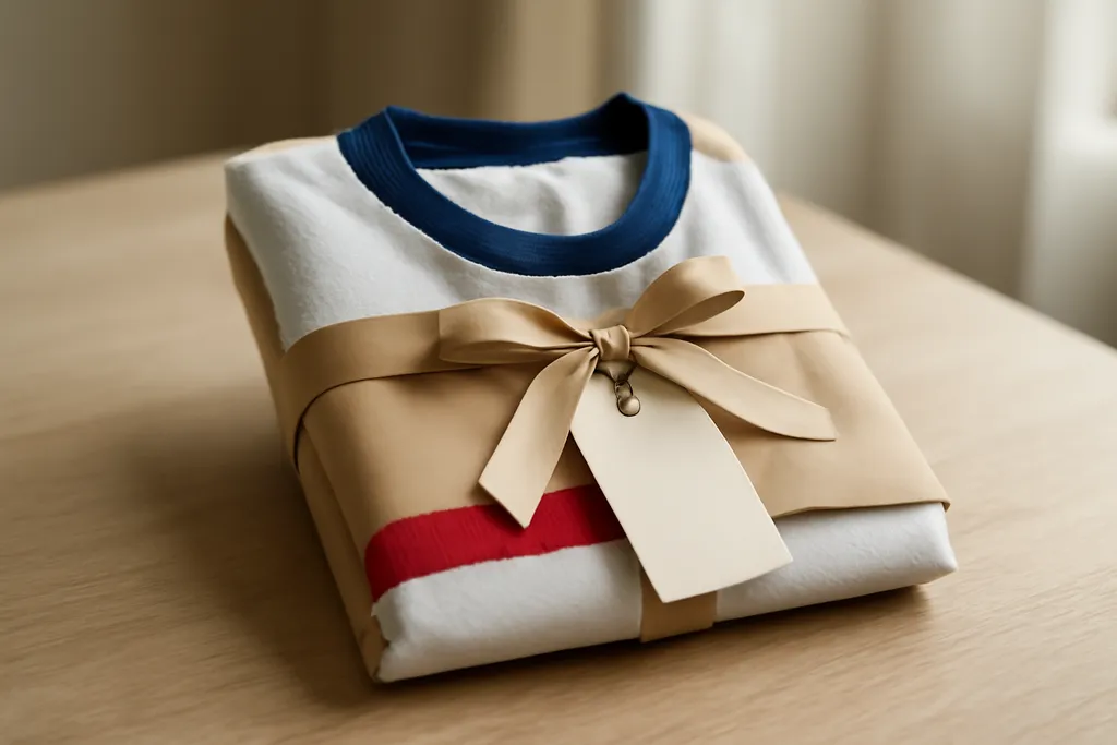 A folded plain athletic jersey wrapped with kraft paper and ribbon as a gift on a table
