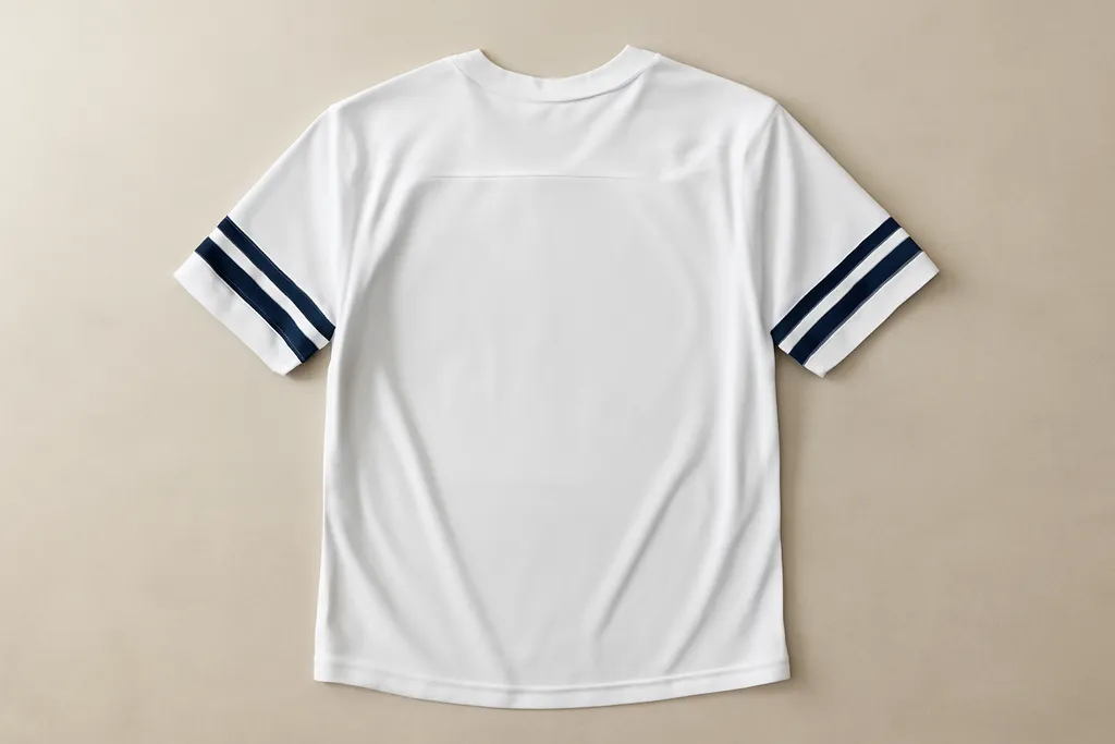 A blank plain athletic jersey laid flat with empty space on the back where a number would go