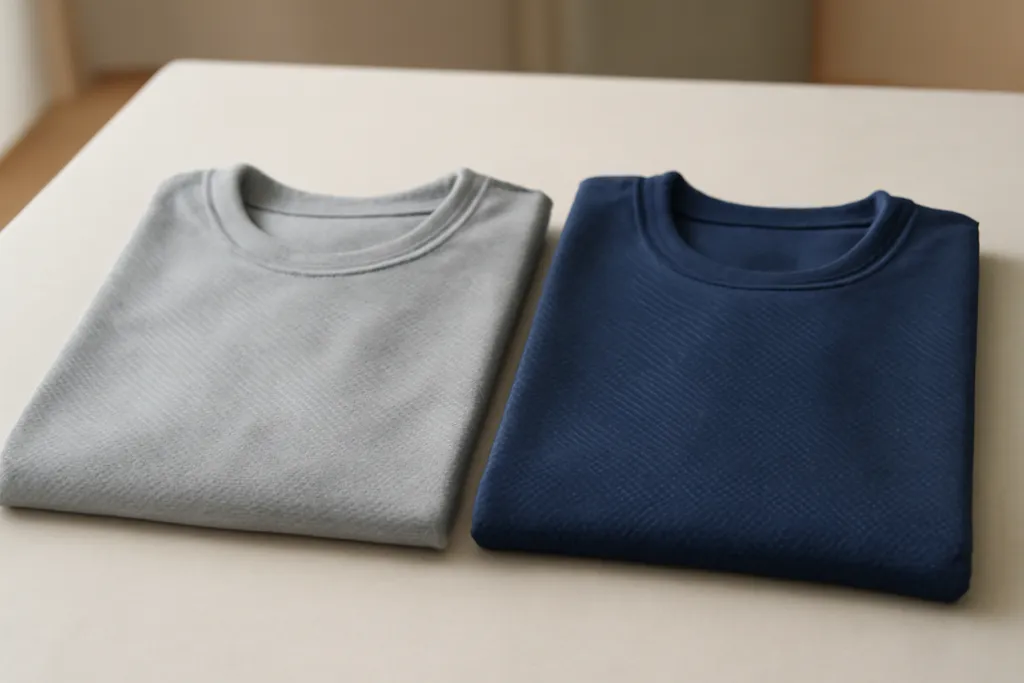 Two folded plain athletic jerseys of different fabric quality placed side by side for comparison