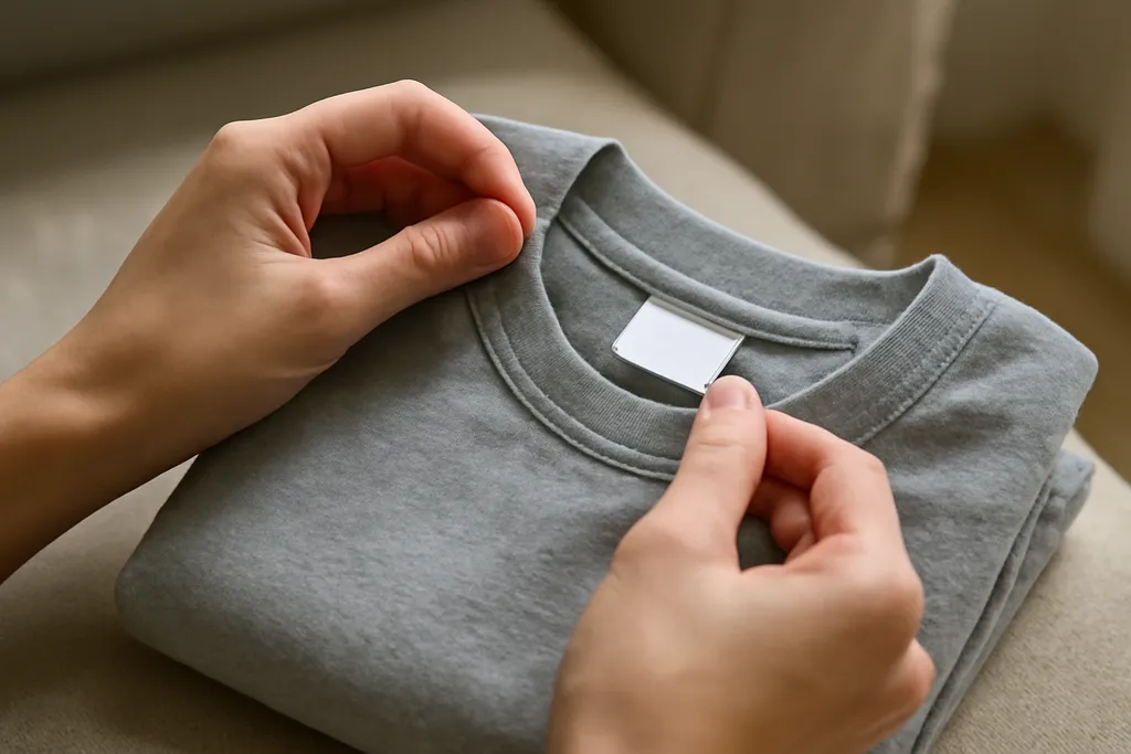 A person closely examining the stitching and tag of a folded plain athletic jersey