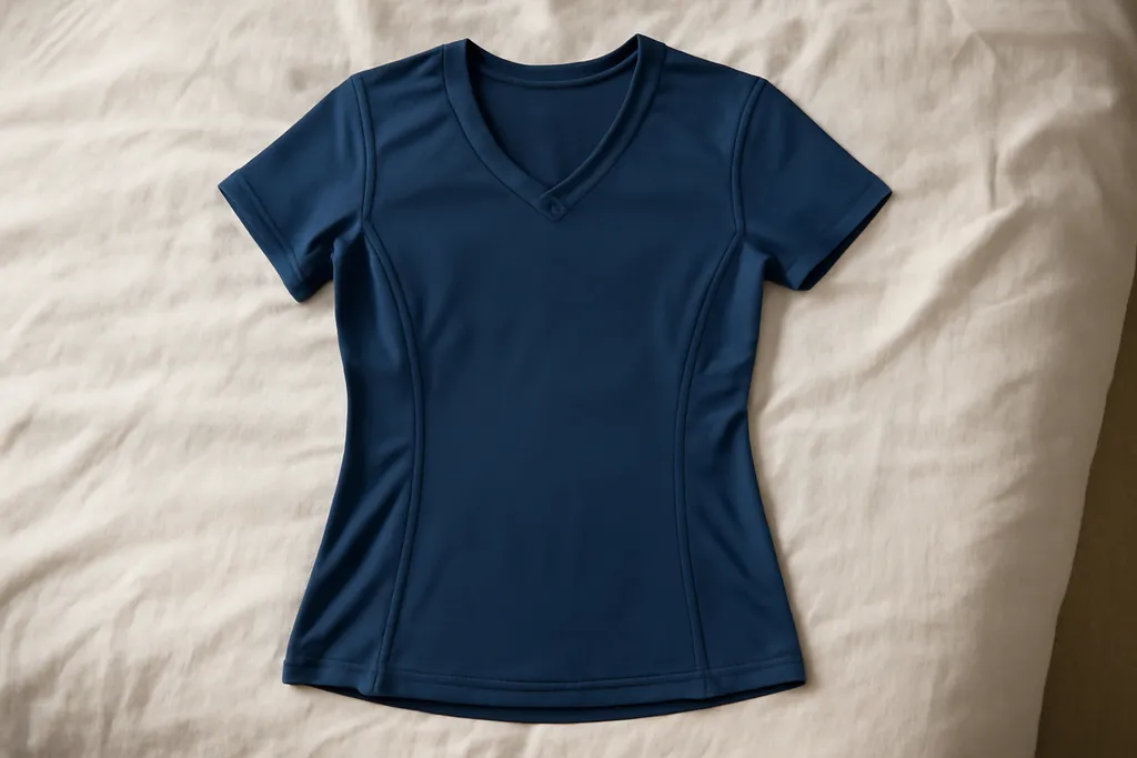 A plain women's-cut athletic jersey laid flat on a bed showing a tailored silhouette