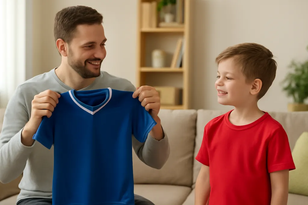 A parent holding up a small plain youth-sized athletic jersey next to a child to compare size