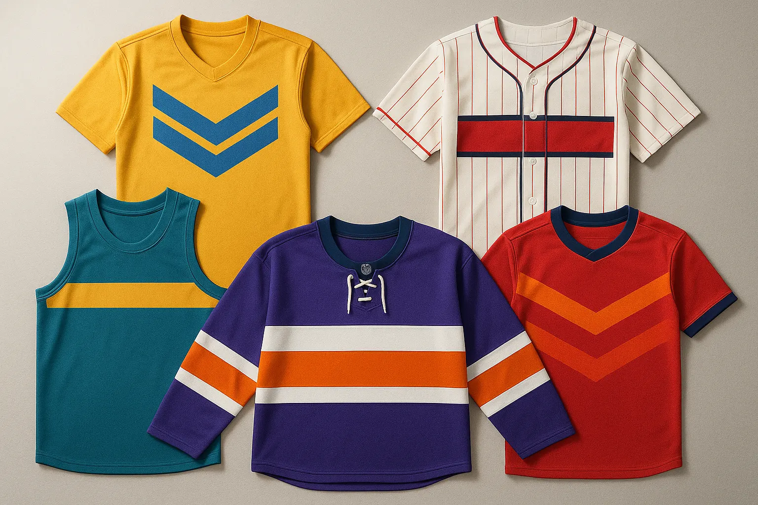 A curated collection of colorful sports jerseys arranged on a neutral background